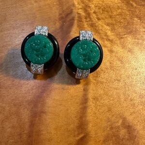 Kenneth Jay Lane Green and Black Clip-On Earrings with Silver Accents